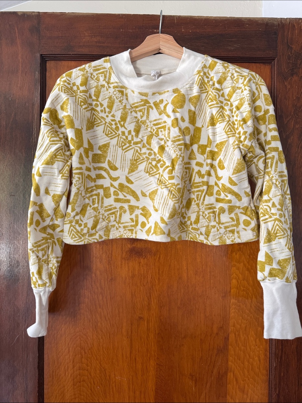 Anthropologie White and Mustard Geometric Cropped Sweatshirt